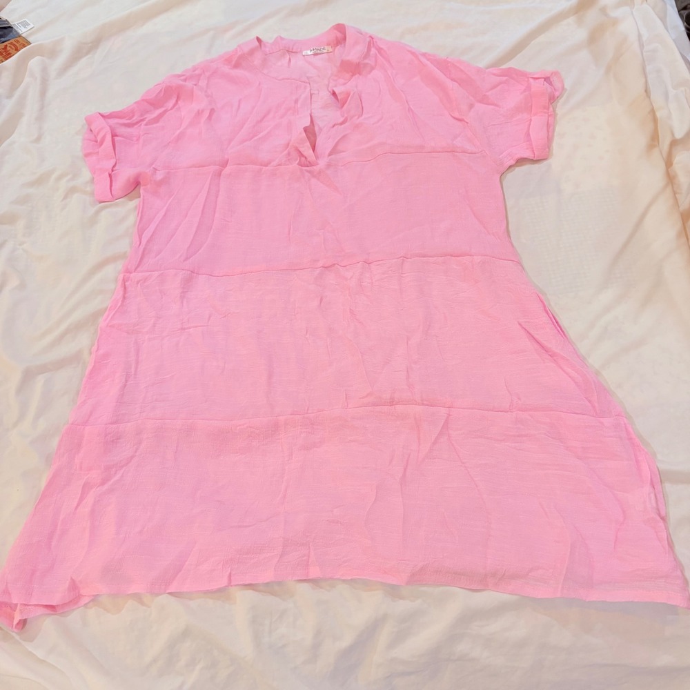 AIMAGE Women's Pink V‎ Neck Tunic Dress XL Short Sleeve Loose Fit Beach Cover Up